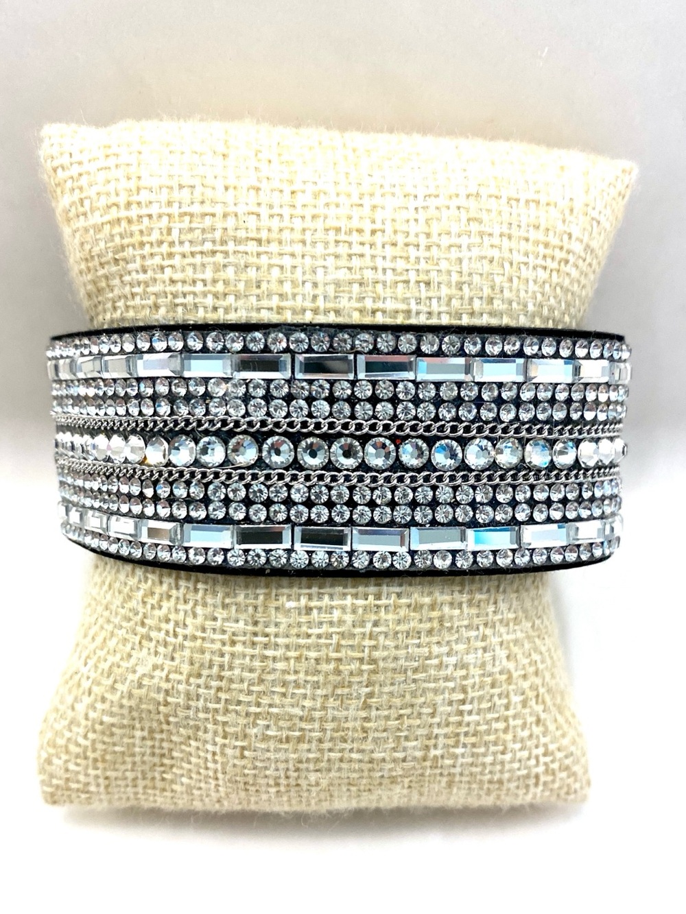 Crystal-Embellished Black Cuff Bracelet - Silver Sparkle